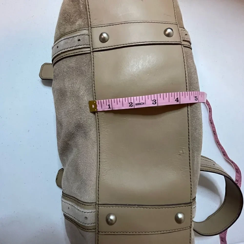 Longaberger Fold Over Hobo Handbag Purse Suede Leather Taupe Sisters